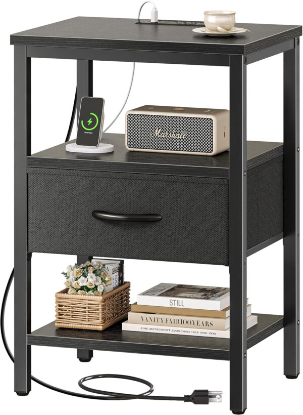 SUPERJARE Nightstand with Charging Station, Bed Side Table with Adjustable Fabric Drawer, Night Stand for Bedroom, 3-Tier Storage End Table, for Living Room, Rustic Brown and Black