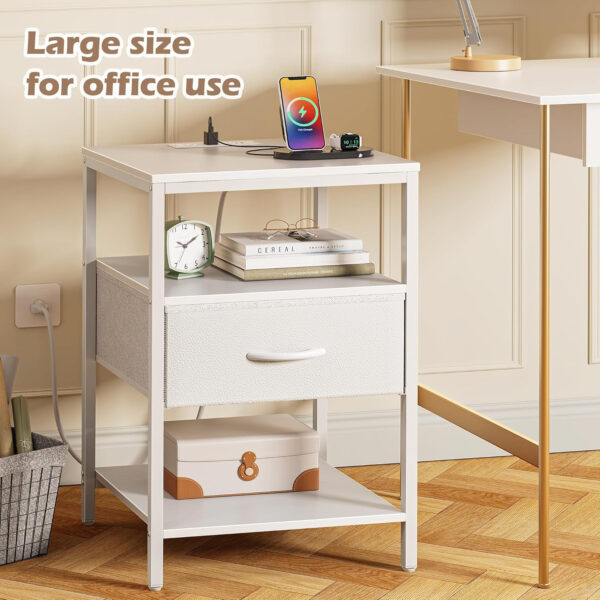 SUPERJARE Nightstand with Charging Station, Bed Side Table with Adjustable Fabric Drawer, Night Stand for Bedroom, 3-Tier Storage End Table, for Living Room, Rustic Brown and Black