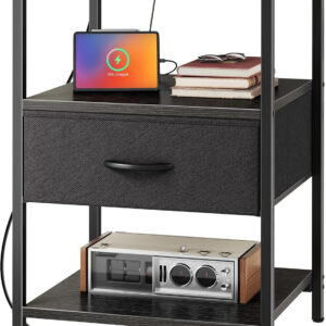 SUPERJARE Nightstand with Charging Station, Bed Side Table with Adjustable Fabric Drawer, Night Stand for Bedroom, 3-Tier Storage End Table, for Living Room, Rustic Brown and Black