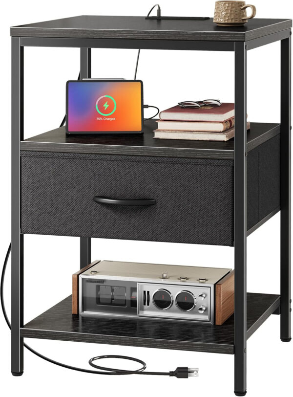 SUPERJARE Nightstand with Charging Station, Bed Side Table with Adjustable Fabric Drawer, Night Stand for Bedroom, 3-Tier Storage End Table, for Living Room, Rustic Brown and Black
