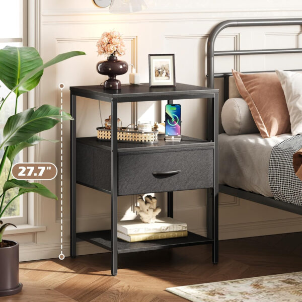 SUPERJARE Nightstand with Charging Station, Bed Side Table with Adjustable Fabric Drawer, Night Stand for Bedroom, 3-Tier Storage End Table, for Living Room, Rustic Brown and Black