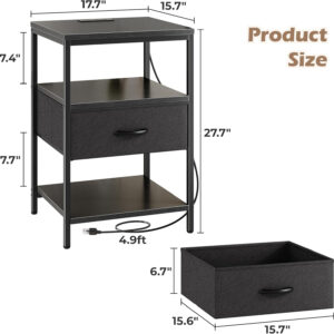 SUPERJARE Nightstand with Charging Station, Bed Side Table with Adjustable Fabric Drawer, Night Stand for Bedroom, 3-Tier Storage End Table, for Living Room, Rustic Brown and Black