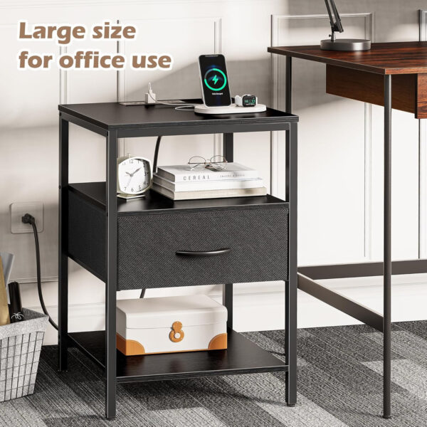SUPERJARE Nightstand with Charging Station, Bed Side Table with Adjustable Fabric Drawer, Night Stand for Bedroom, 3-Tier Storage End Table, for Living Room, Rustic Brown and Black