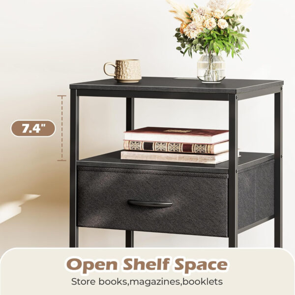 SUPERJARE Nightstand with Charging Station, Bed Side Table with Adjustable Fabric Drawer, Night Stand for Bedroom, 3-Tier Storage End Table, for Living Room, Rustic Brown and Black