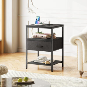 SUPERJARE Nightstand with Charging Station, Bed Side Table with Adjustable Fabric Drawer, Night Stand for Bedroom, 3-Tier Storage End Table, for Living Room, Rustic Brown and Black