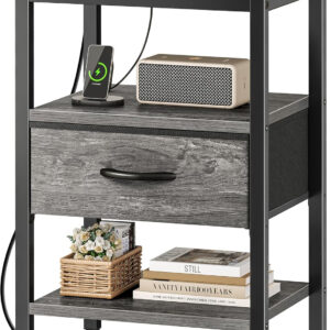 SUPERJARE Nightstand with Charging Station, Bed Side Table with Adjustable Fabric Drawer, Night Stand for Bedroom, 3-Tier Storage End Table, for Living Room, Rustic Brown and Black