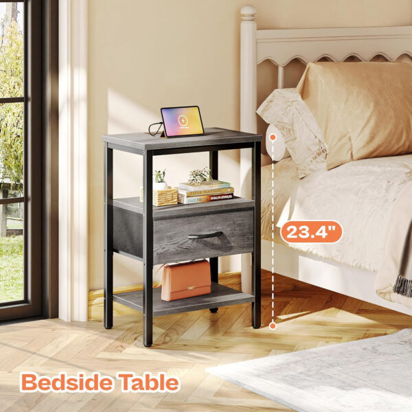 SUPERJARE Nightstand with Charging Station, Bed Side Table with Adjustable Fabric Drawer, Night Stand for Bedroom, 3-Tier Storage End Table, for Living Room, Rustic Brown and Black