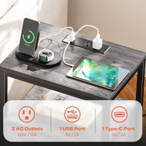 SUPERJARE Nightstand with Charging Station, Bed Side Table with Adjustable Fabric Drawer, Night Stand for Bedroom, 3-Tier Storage End Table, for Living Room, Rustic Brown and Black
