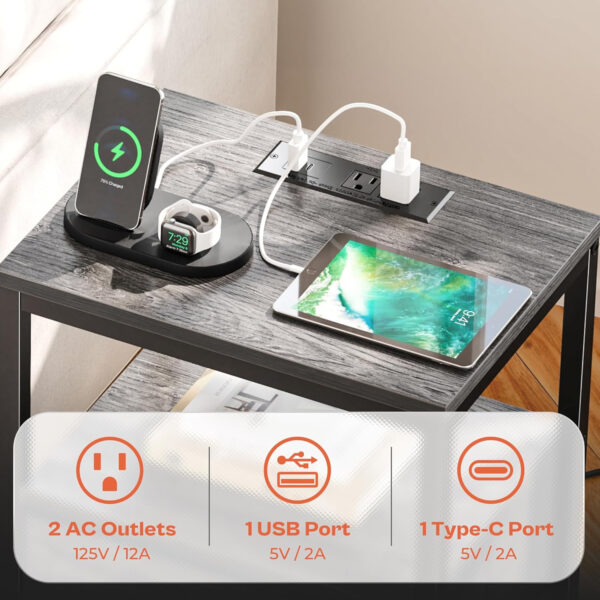 SUPERJARE Nightstand with Charging Station, Bed Side Table with Adjustable Fabric Drawer, Night Stand for Bedroom, 3-Tier Storage End Table, for Living Room, Rustic Brown and Black