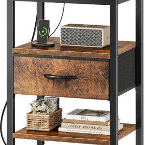 SUPERJARE Nightstand with Charging Station, Bed Side Table with Adjustable Fabric Drawer, Night Stand for Bedroom, 3-Tier Storage End Table, for Living Room, Rustic Brown and Black