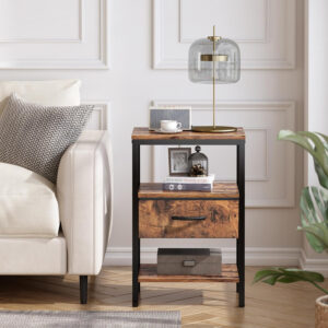SUPERJARE Nightstand with Charging Station, Bed Side Table with Adjustable Fabric Drawer, Night Stand for Bedroom, 3-Tier Storage End Table, for Living Room, Rustic Brown and Black