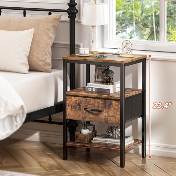 SUPERJARE Nightstand with Charging Station, Bed Side Table with Adjustable Fabric Drawer, Night Stand for Bedroom, 3-Tier Storage End Table, for Living Room, Rustic Brown and Black