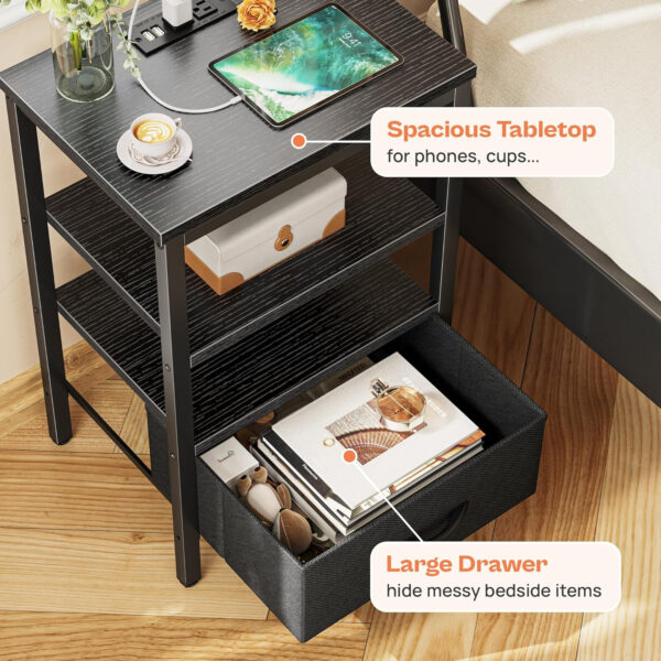 SUPERJARE Nightstand with Charging Station, Bed Side Table with Adjustable Fabric Drawer, Night Stand for Bedroom, 3-Tier Storage End Table, for Living Room, Rustic Brown and Black
