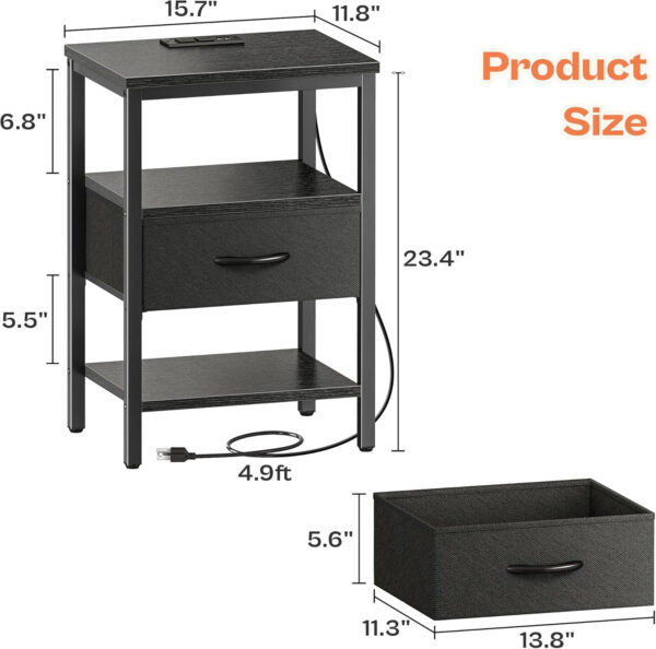 SUPERJARE Nightstand with Charging Station, Bed Side Table with Adjustable Fabric Drawer, Night Stand for Bedroom, 3-Tier Storage End Table, for Living Room, Rustic Brown and Black