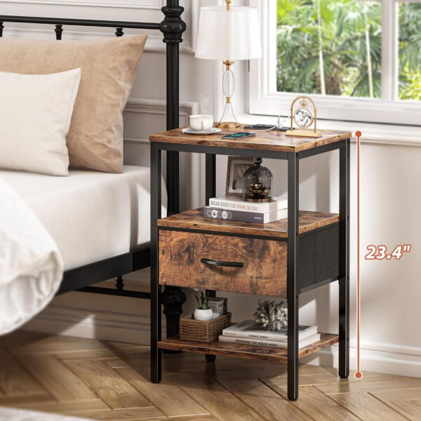SUPERJARE Nightstand with Charging Station, Bed Side Table with Adjustable Fabric Drawer, Night Stand for Bedroom, 3-Tier Storage End Table, for Living Room, Rustic Brown and Black