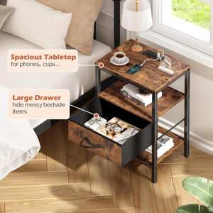 SUPERJARE Nightstand with Charging Station, Bed Side Table with Adjustable Fabric Drawer, Night Stand for Bedroom, 3-Tier Storage End Table, for Living Room, Rustic Brown and Black