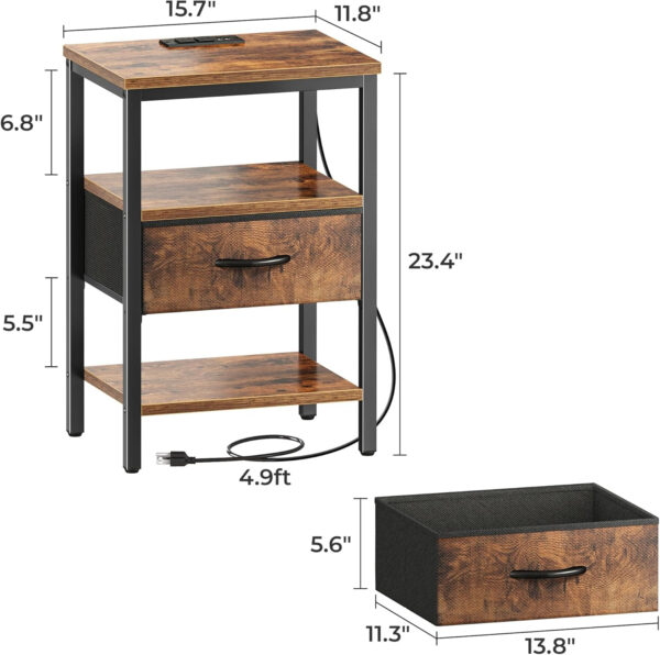 SUPERJARE Nightstand with Charging Station, Bed Side Table with Adjustable Fabric Drawer, Night Stand for Bedroom, 3-Tier Storage End Table, for Living Room, Rustic Brown and Black