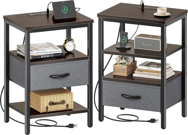 SUPERJARE Nightstand with Charging Station, Bed Side Table with Adjustable Fabric Drawer, Night Stand for Bedroom, 3-Tier Storage End Table, for Living Room, Rustic Brown and Black