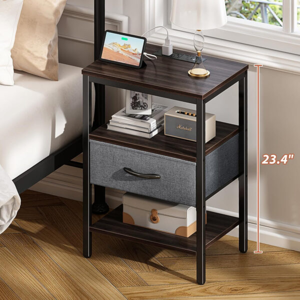 SUPERJARE Nightstand with Charging Station, Bed Side Table with Adjustable Fabric Drawer, Night Stand for Bedroom, 3-Tier Storage End Table, for Living Room, Rustic Brown and Black