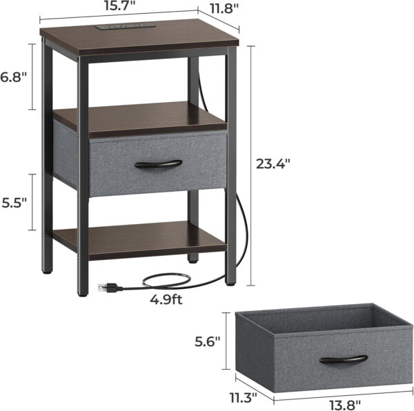 SUPERJARE Nightstand with Charging Station, Bed Side Table with Adjustable Fabric Drawer, Night Stand for Bedroom, 3-Tier Storage End Table, for Living Room, Rustic Brown and Black