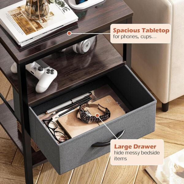 SUPERJARE Nightstand with Charging Station, Bed Side Table with Adjustable Fabric Drawer, Night Stand for Bedroom, 3-Tier Storage End Table, for Living Room, Rustic Brown and Black