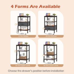 SUPERJARE Nightstand with Charging Station, Bed Side Table with Adjustable Fabric Drawer, Night Stand for Bedroom, 3-Tier Storage End Table, for Living Room, Rustic Brown and Black