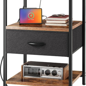 SUPERJARE Nightstand with Charging Station, Bed Side Table with Adjustable Fabric Drawer, Night Stand for Bedroom, 3-Tier Storage End Table, for Living Room, Rustic Brown and Black