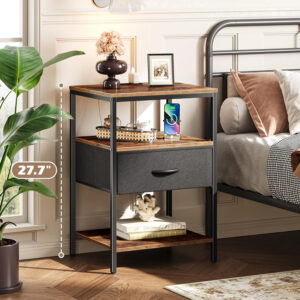 SUPERJARE Nightstand with Charging Station, Bed Side Table with Adjustable Fabric Drawer, Night Stand for Bedroom, 3-Tier Storage End Table, for Living Room, Rustic Brown and Black