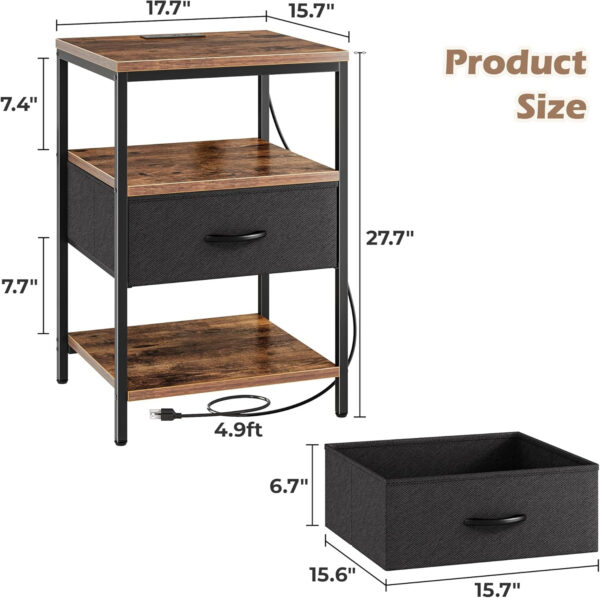 SUPERJARE Nightstand with Charging Station, Bed Side Table with Adjustable Fabric Drawer, Night Stand for Bedroom, 3-Tier Storage End Table, for Living Room, Rustic Brown and Black