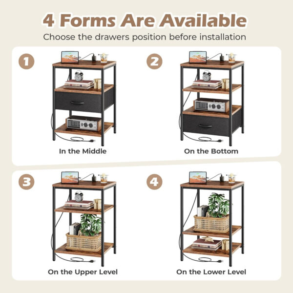 SUPERJARE Nightstand with Charging Station, Bed Side Table with Adjustable Fabric Drawer, Night Stand for Bedroom, 3-Tier Storage End Table, for Living Room, Rustic Brown and Black
