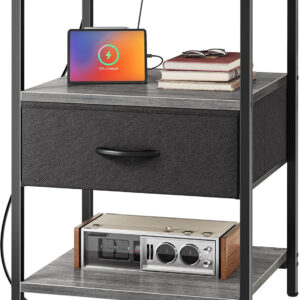 SUPERJARE Nightstand with Charging Station, Bed Side Table with Adjustable Fabric Drawer, Night Stand for Bedroom, 3-Tier Storage End Table, for Living Room, Rustic Brown and Black