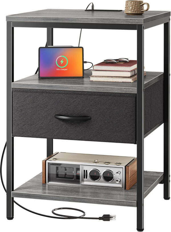 SUPERJARE Nightstand with Charging Station, Bed Side Table with Adjustable Fabric Drawer, Night Stand for Bedroom, 3-Tier Storage End Table, for Living Room, Rustic Brown and Black