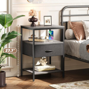 SUPERJARE Nightstand with Charging Station, Bed Side Table with Adjustable Fabric Drawer, Night Stand for Bedroom, 3-Tier Storage End Table, for Living Room, Rustic Brown and Black