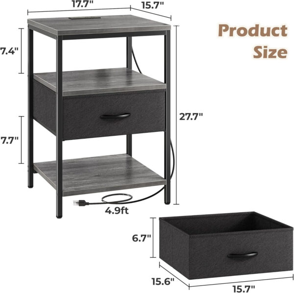 SUPERJARE Nightstand with Charging Station, Bed Side Table with Adjustable Fabric Drawer, Night Stand for Bedroom, 3-Tier Storage End Table, for Living Room, Rustic Brown and Black