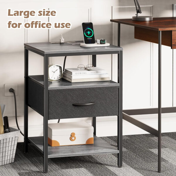 SUPERJARE Nightstand with Charging Station, Bed Side Table with Adjustable Fabric Drawer, Night Stand for Bedroom, 3-Tier Storage End Table, for Living Room, Rustic Brown and Black