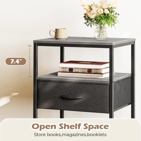 SUPERJARE Nightstand with Charging Station, Bed Side Table with Adjustable Fabric Drawer, Night Stand for Bedroom, 3-Tier Storage End Table, for Living Room, Rustic Brown and Black