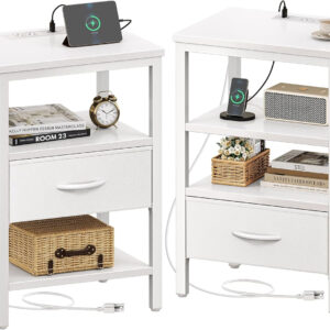 SUPERJARE Nightstand with Charging Station, Bed Side Table with Adjustable Fabric Drawer, Night Stand for Bedroom, 3-Tier Storage End Table, for Living Room, Rustic Brown and Black