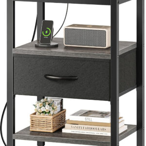 SUPERJARE Nightstand with Charging Station, Bed Side Table with Adjustable Fabric Drawer, Night Stand for Bedroom, 3-Tier Storage End Table, for Living Room, Rustic Brown and Black
