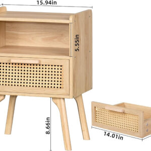 Lerliuo Rattan Nightstand, Boho Side Table with Drawer Open Shelf, Cane Accent Bedside End Table with Solid Wood Legs for Bedroom, Dorm and Small Spaces (Natural)