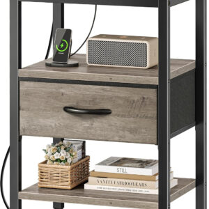 SUPERJARE Nightstand with Charging Station, Bed Side Table with Adjustable Fabric Drawer, Night Stand for Bedroom, 3-Tier Storage End Table, for Living Room, Rustic Brown and Black