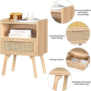 Lerliuo Rattan Nightstand, Boho Side Table with Drawer Open Shelf, Cane Accent Bedside End Table with Solid Wood Legs for Bedroom, Dorm and Small Spaces (Natural)