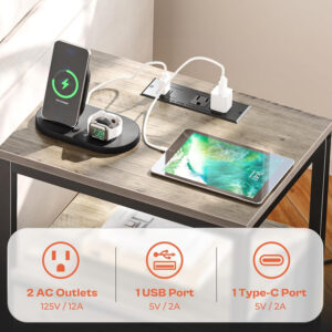 SUPERJARE Nightstand with Charging Station, Bed Side Table with Adjustable Fabric Drawer, Night Stand for Bedroom, 3-Tier Storage End Table, for Living Room, Rustic Brown and Black