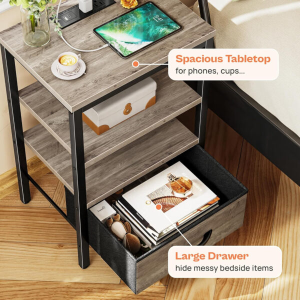 SUPERJARE Nightstand with Charging Station, Bed Side Table with Adjustable Fabric Drawer, Night Stand for Bedroom, 3-Tier Storage End Table, for Living Room, Rustic Brown and Black