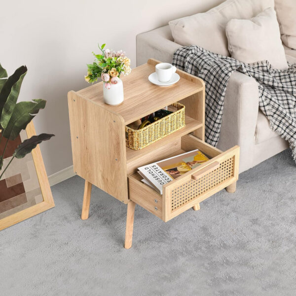 Lerliuo Rattan Nightstand, Boho Side Table with Drawer Open Shelf, Cane Accent Bedside End Table with Solid Wood Legs for Bedroom, Dorm and Small Spaces (Natural)