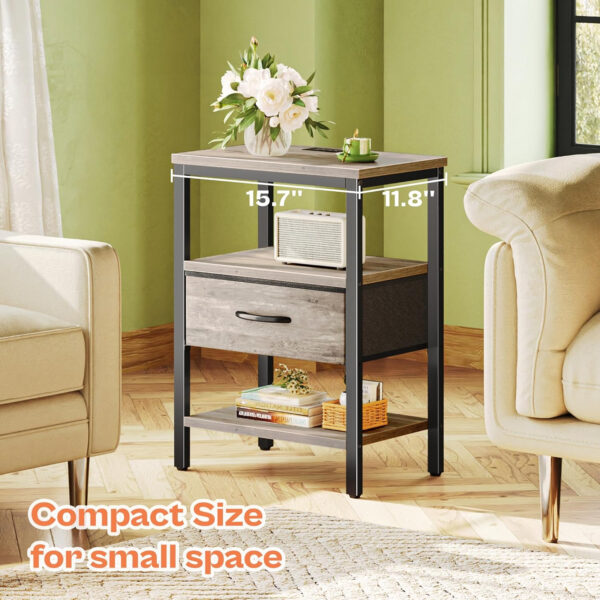 SUPERJARE Nightstand with Charging Station, Bed Side Table with Adjustable Fabric Drawer, Night Stand for Bedroom, 3-Tier Storage End Table, for Living Room, Rustic Brown and Black