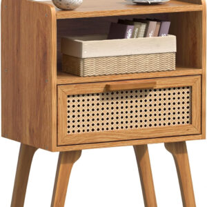 Lerliuo Rattan Nightstand, Boho Side Table with Drawer Open Shelf, Cane Accent Bedside End Table with Solid Wood Legs for Bedroom, Dorm and Small Spaces (Natural)