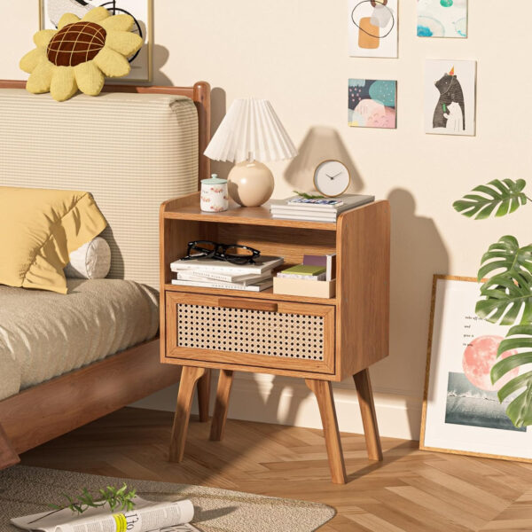 Lerliuo Rattan Nightstand, Boho Side Table with Drawer Open Shelf, Cane Accent Bedside End Table with Solid Wood Legs for Bedroom, Dorm and Small Spaces (Natural)