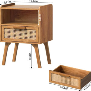 Lerliuo Rattan Nightstand, Boho Side Table with Drawer Open Shelf, Cane Accent Bedside End Table with Solid Wood Legs for Bedroom, Dorm and Small Spaces (Natural)