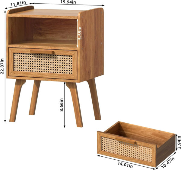 Lerliuo Rattan Nightstand, Boho Side Table with Drawer Open Shelf, Cane Accent Bedside End Table with Solid Wood Legs for Bedroom, Dorm and Small Spaces (Natural)