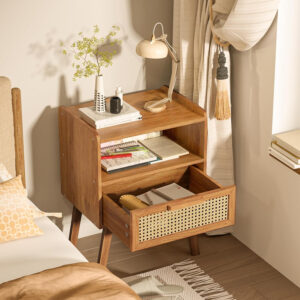 Lerliuo Rattan Nightstand, Boho Side Table with Drawer Open Shelf, Cane Accent Bedside End Table with Solid Wood Legs for Bedroom, Dorm and Small Spaces (Natural)